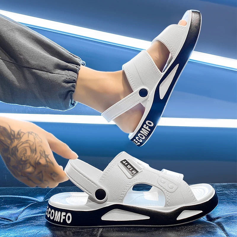 Men's EVA sliders with two straps over the foot, a back strap and a thick two-tone sole - view 3