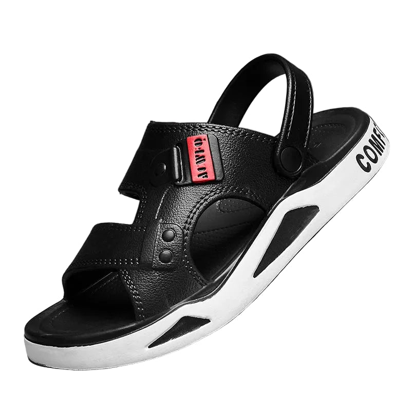 Men's EVA sliders with two straps over the foot, a back strap and a thick two-tone sole - black