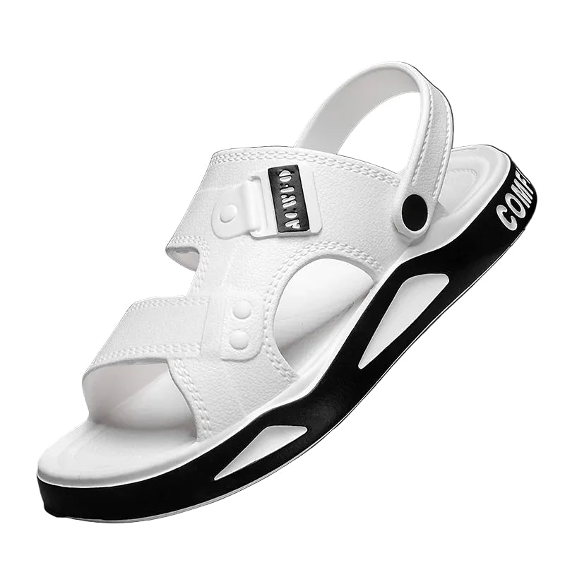 Men's EVA sliders with two straps over the foot, a back strap and a thick two-tone sole - white