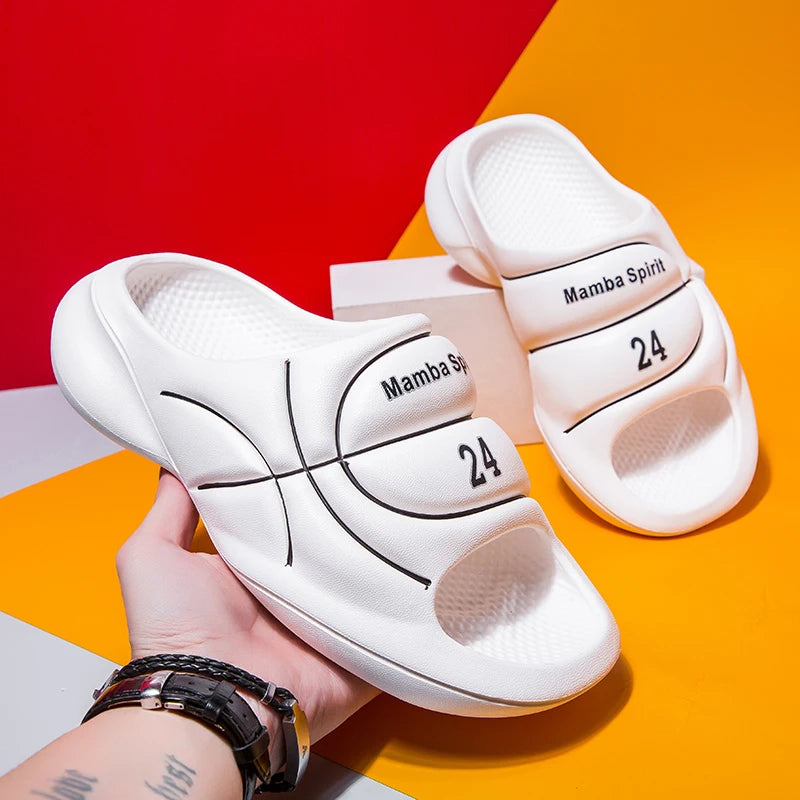 Men's EVA sliders with wide basketball-look band, thick sole and perforated footbed - white