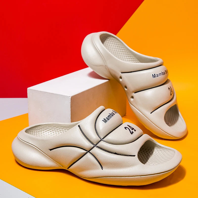 Men's EVA sliders with wide basketball-look band, thick sole and perforated footbed - beige