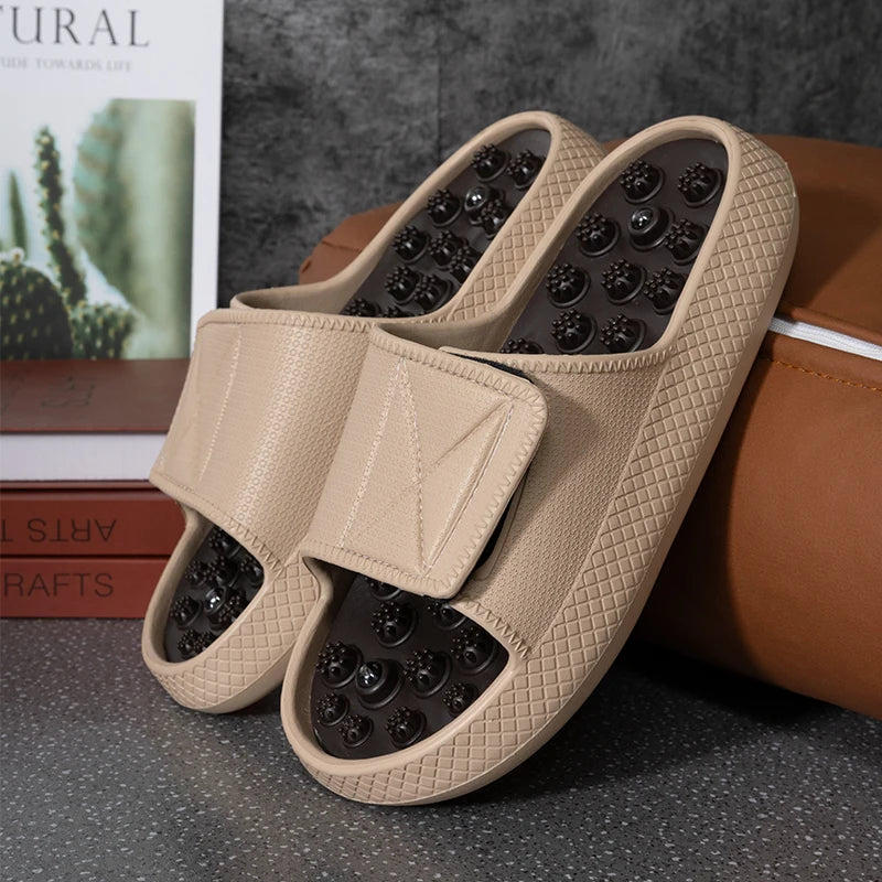 Men's sliders with nubbed footbed, wide hook-and-loop strap and thick sole - khaki