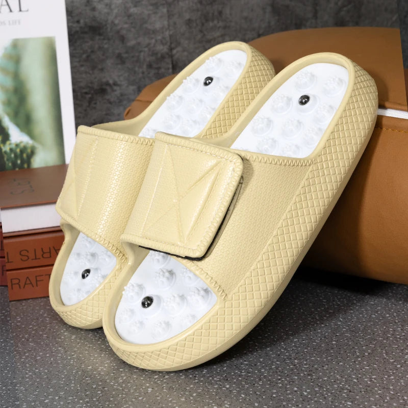 Men's sliders with nubbed footbed, wide hook-and-loop strap and thick sole - pale yellow