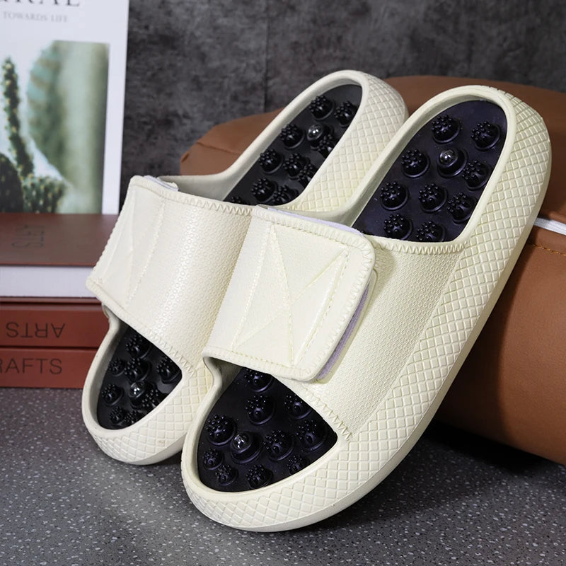 Men's sliders with nubbed footbed, wide hook-and-loop strap and thick sole - cream