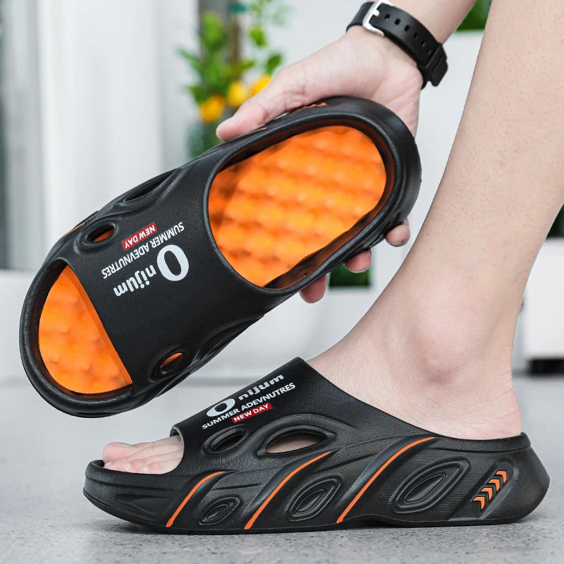 Men's EVA sliders with nubbed footbed, wide vented band and thick sole