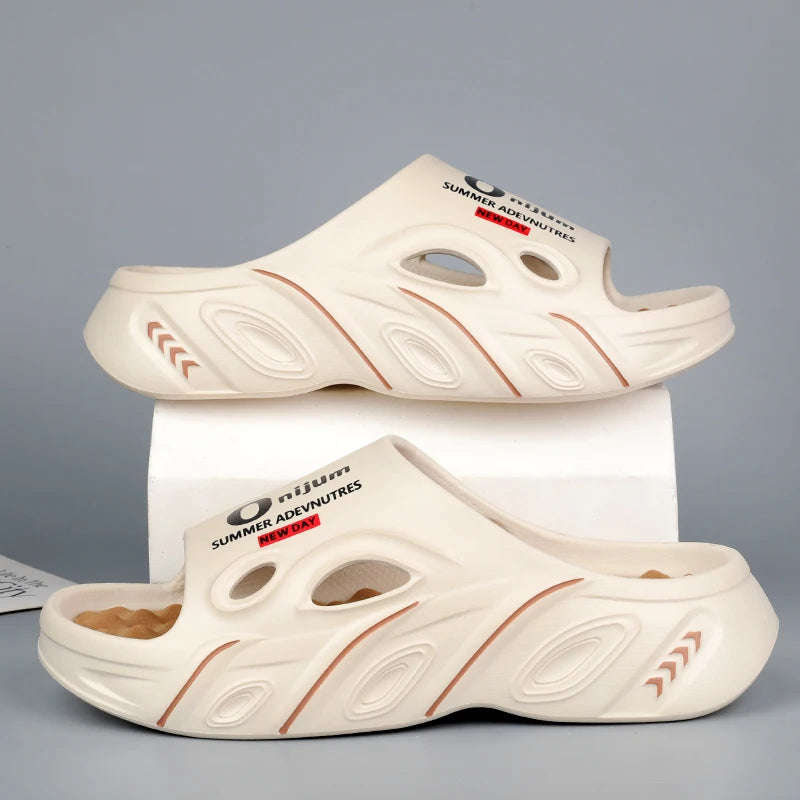 Men's EVA sliders with nubbed footbed, wide vented band and thick sole - beige/brown
