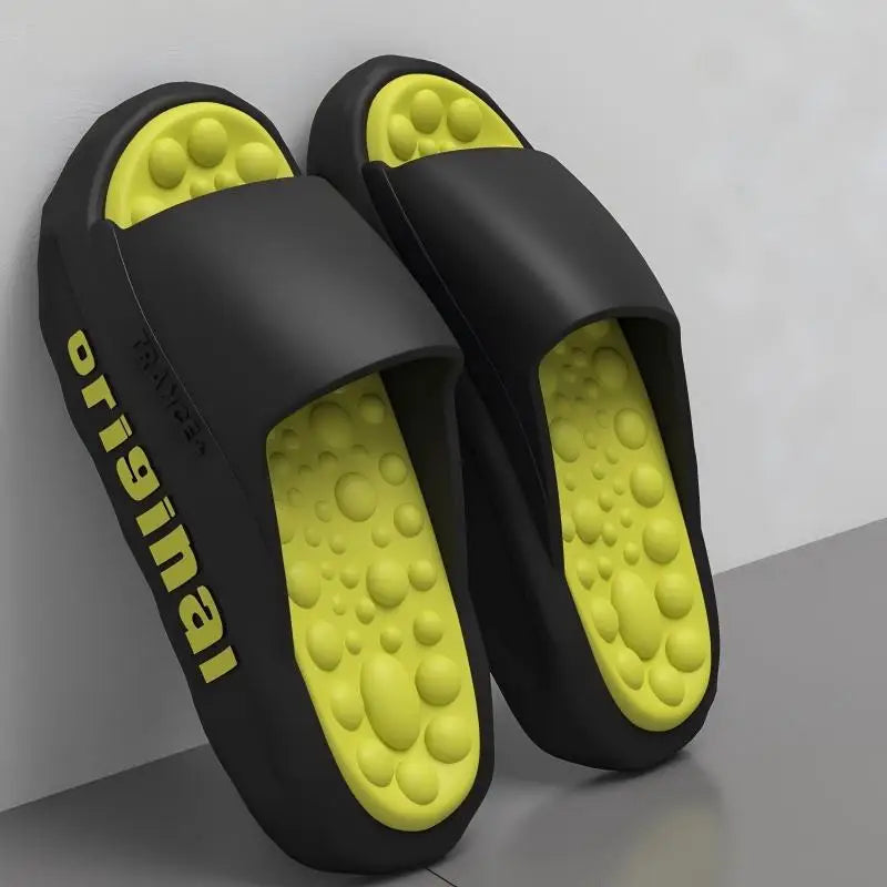 Men's sliders with a wide strap, thick EVA sole and a footbed of round nubs - black/green