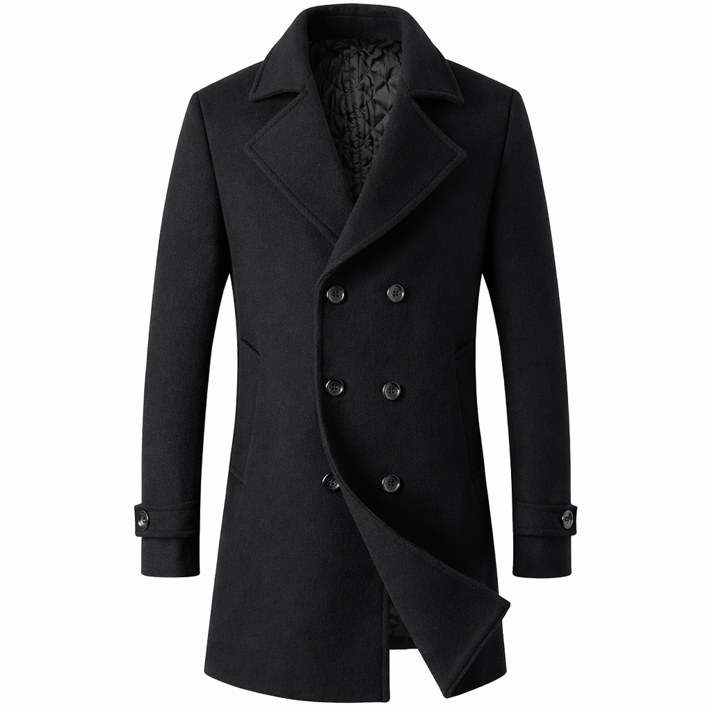 Men's slim double-breasted coat with wide lapels - black