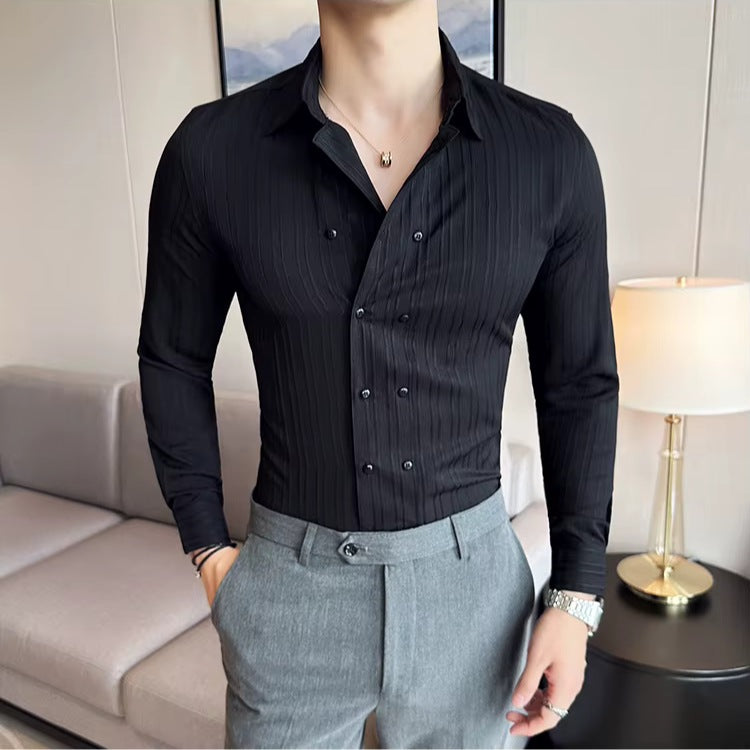 Men's slim fit double-breasted shirt with a vertical textured stripe - view 10