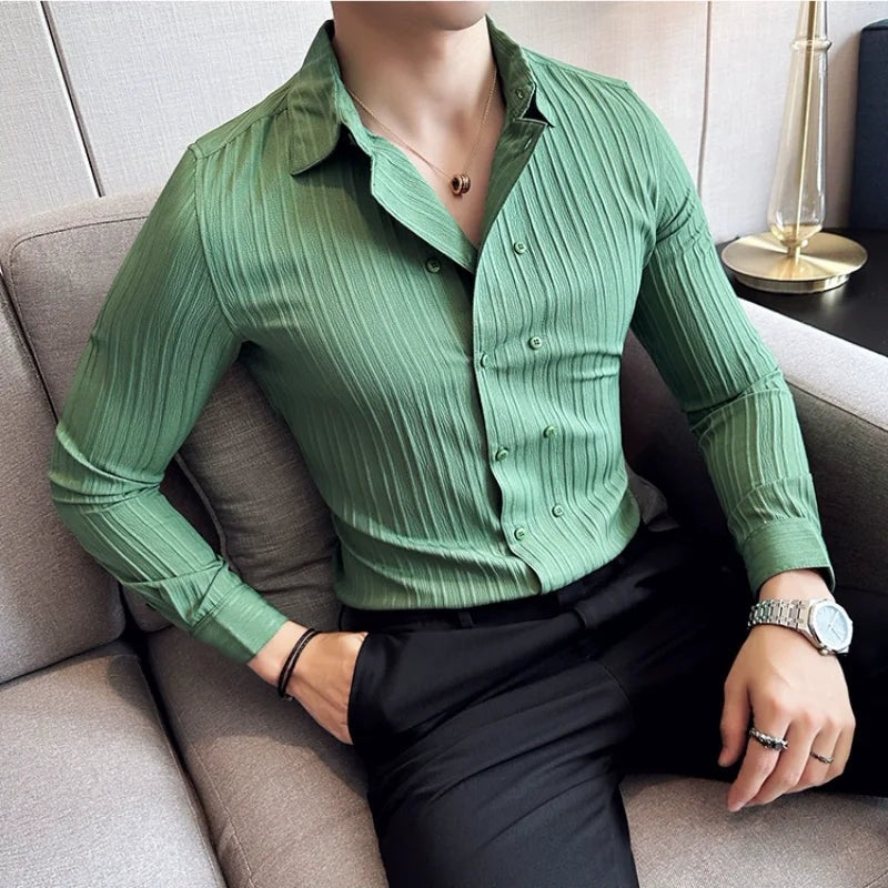Men's slim fit double-breasted shirt with a vertical textured stripe - view 4