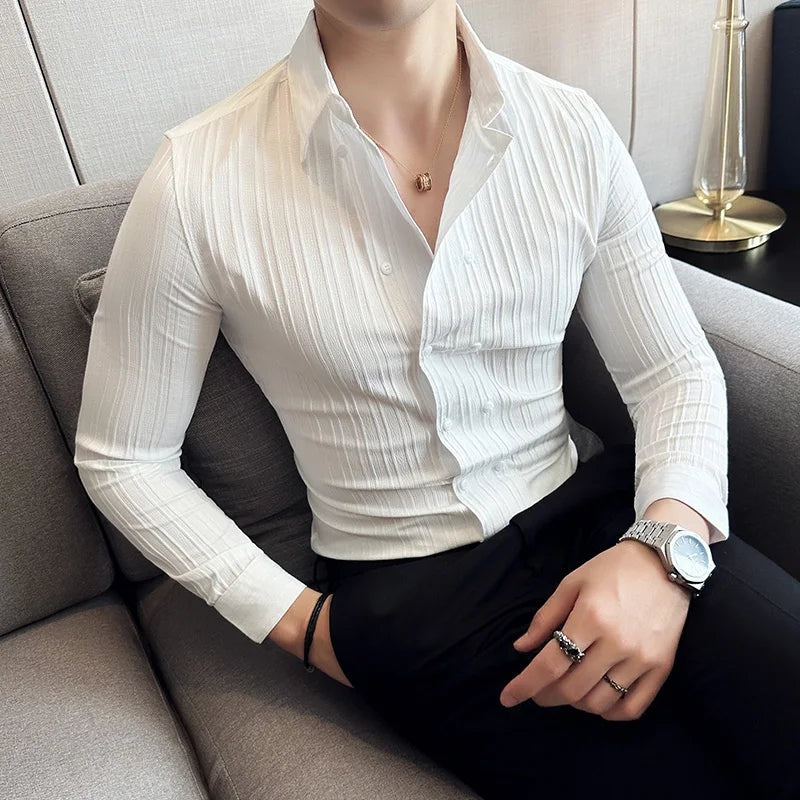 Men's slim fit double-breasted shirt with a vertical textured stripe - view 5