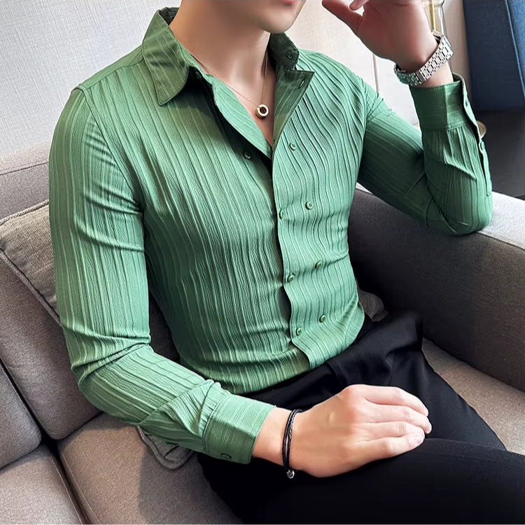 Men's slim fit double-breasted shirt with a vertical textured stripe - view 7