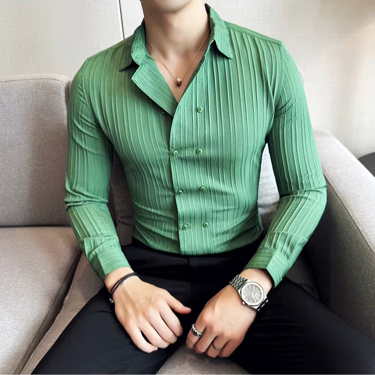 Men's slim fit double-breasted shirt with a vertical textured stripe - view 8