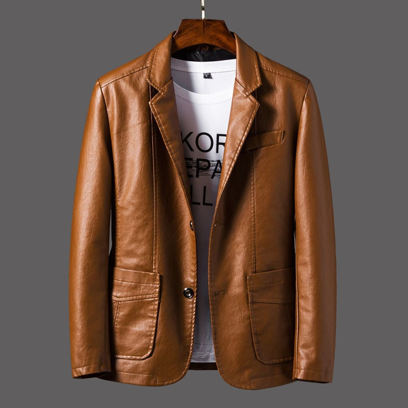 Men's slim fit faux leather blazer with notch lapels and flap pockets - cognac