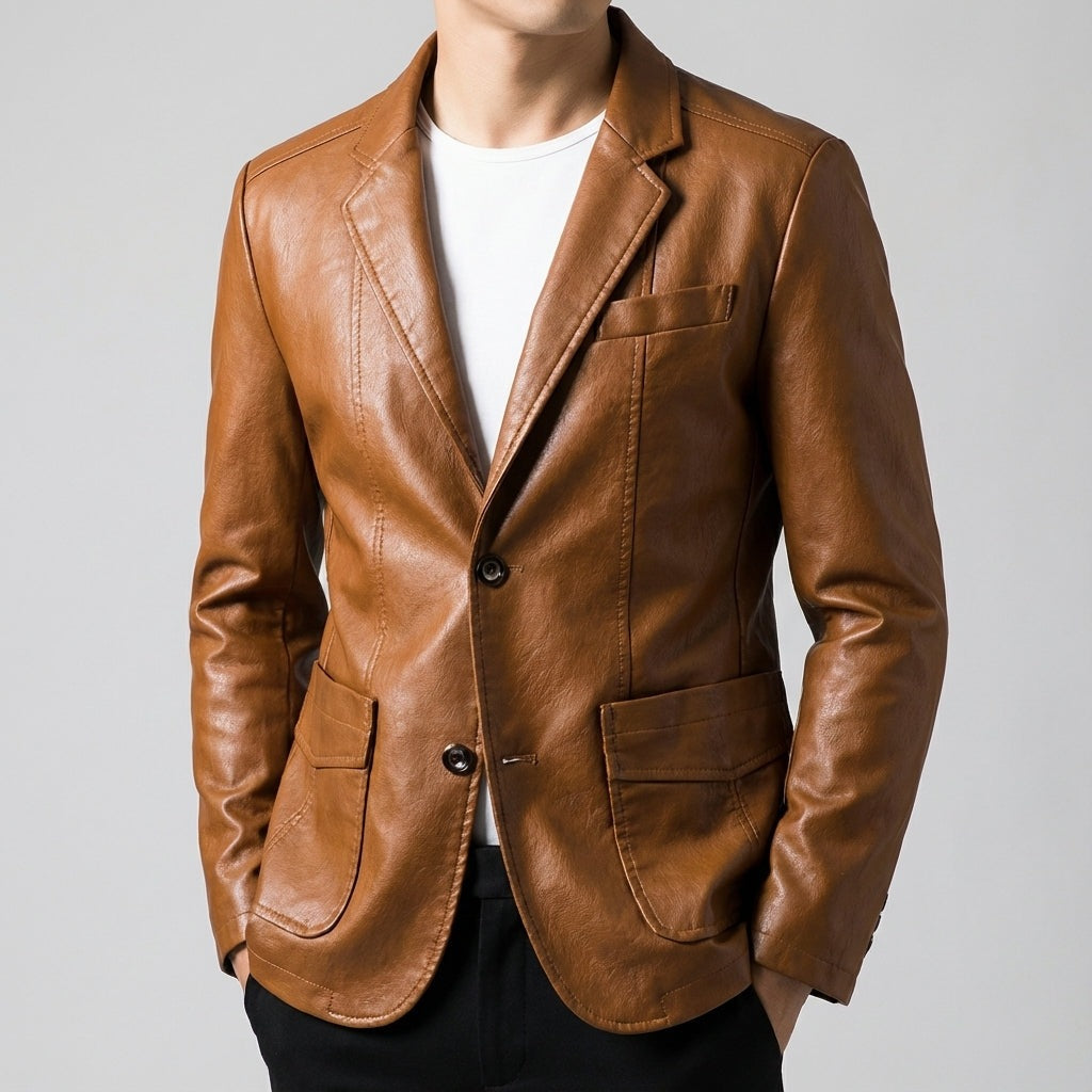 Men's slim fit faux leather blazer with notch lapels and flap pockets - view 3