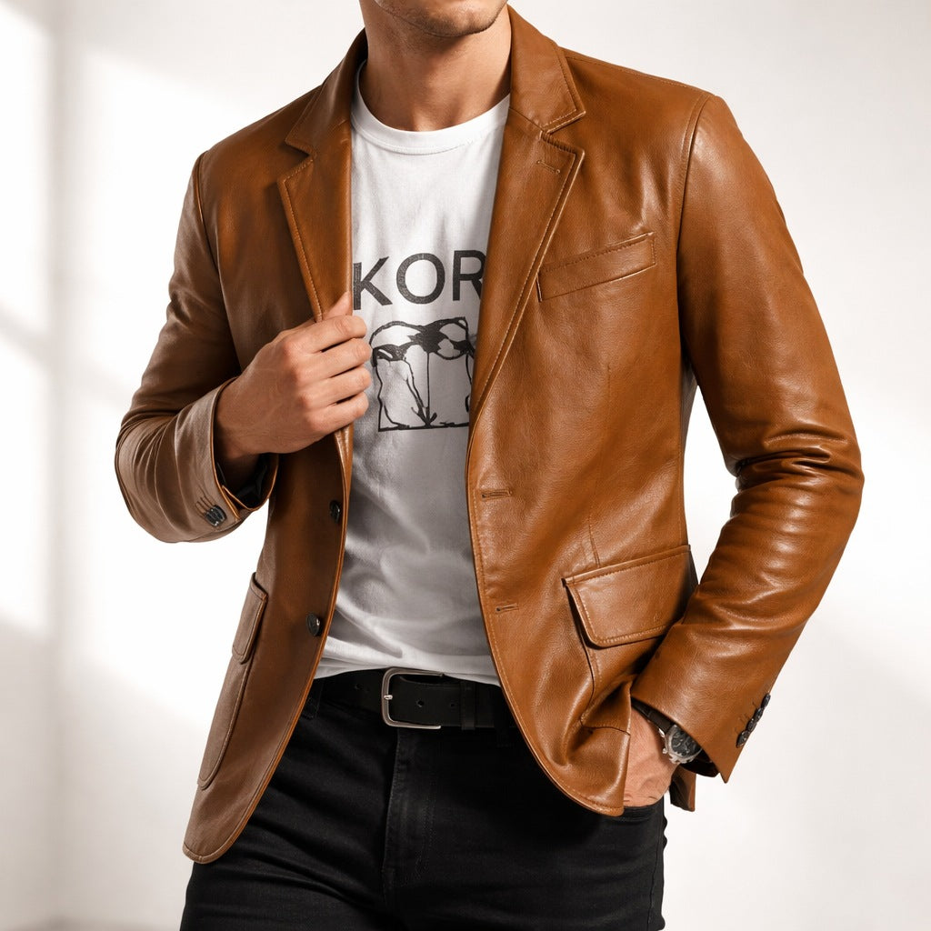 Men's slim fit faux leather blazer with notch lapels and flap pockets - view 4