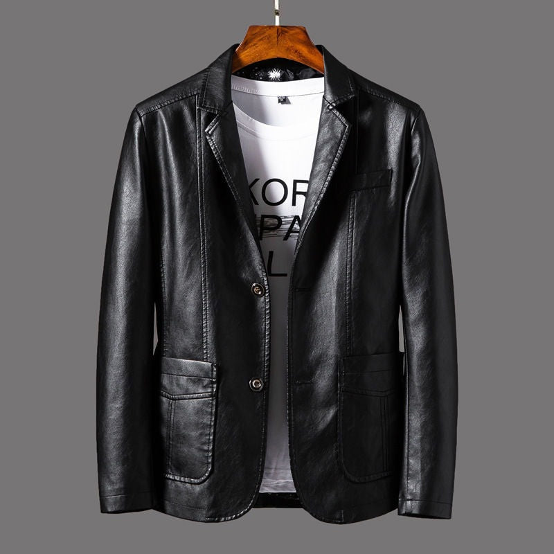 Men's slim fit faux leather blazer with notch lapels and flap pockets - black