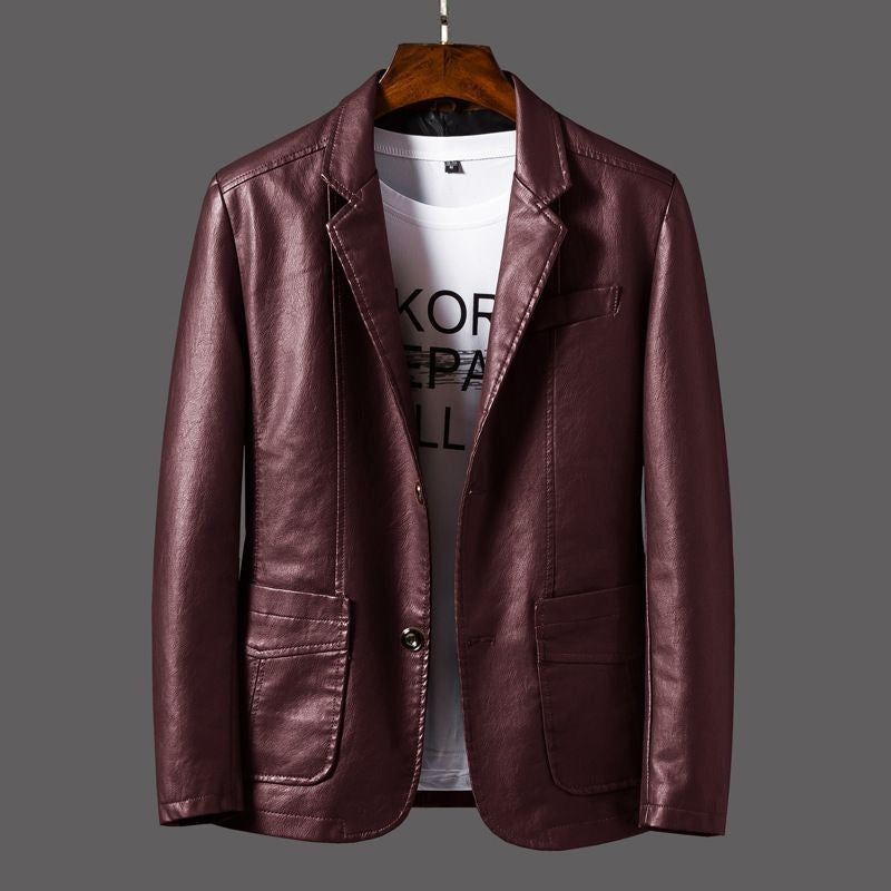 Men's slim fit faux leather blazer with notch lapels and flap pockets - burgundy