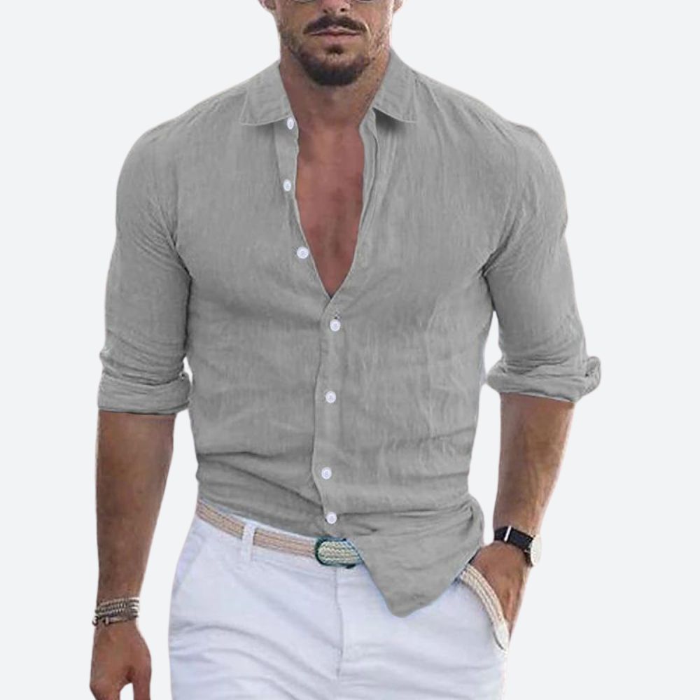 Men's slim fit shirt in a linen look with open collar, white buttons and rolled long sleeves - grey