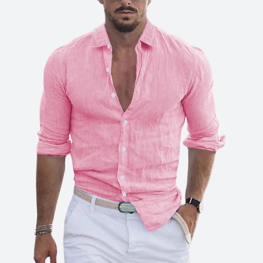 Men's slim fit shirt in a linen look with open collar, white buttons and rolled long sleeves - pink