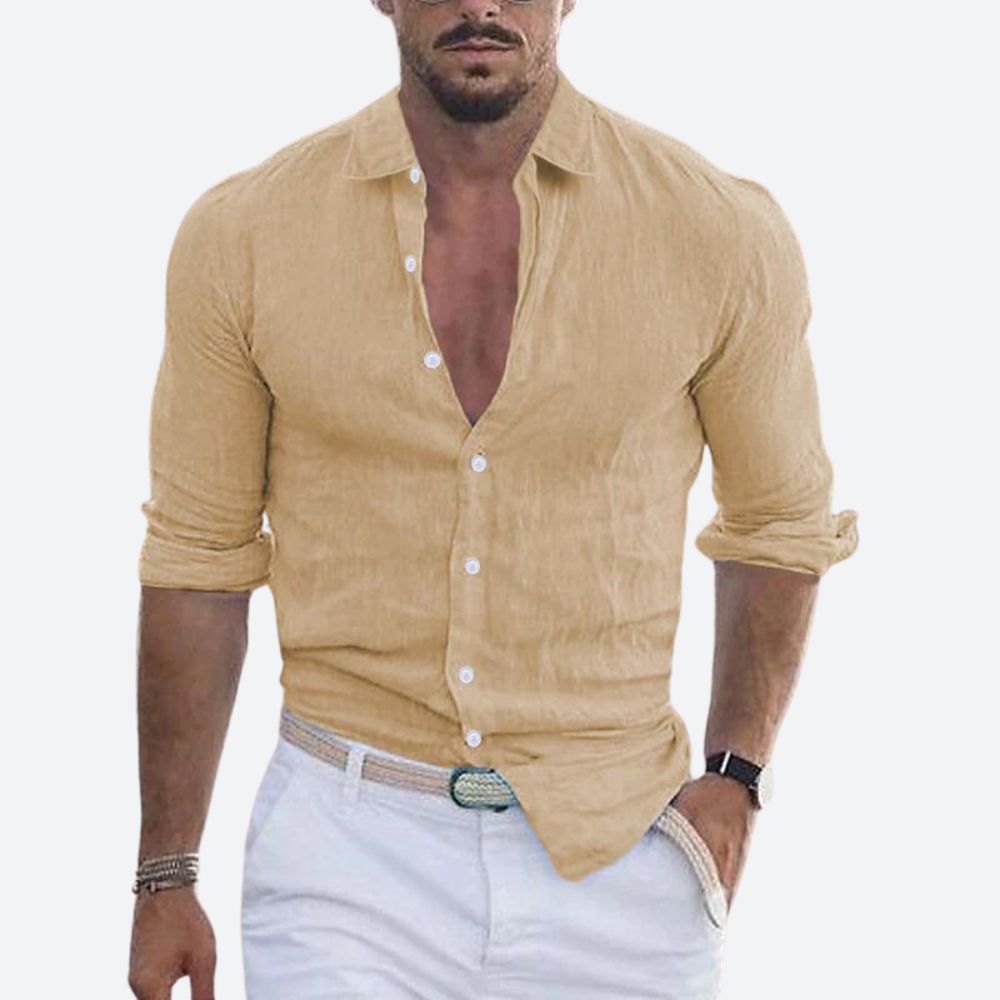 Men's slim fit shirt in a linen look with open collar, white buttons and rolled long sleeves - sand