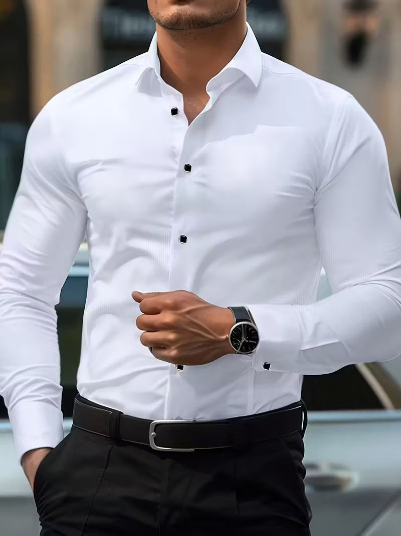 Men's slim fit stretch shirt with a point collar - white