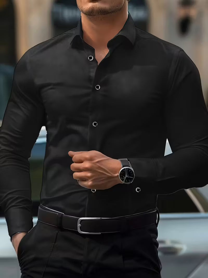 Men's slim fit stretch shirt with a point collar - black