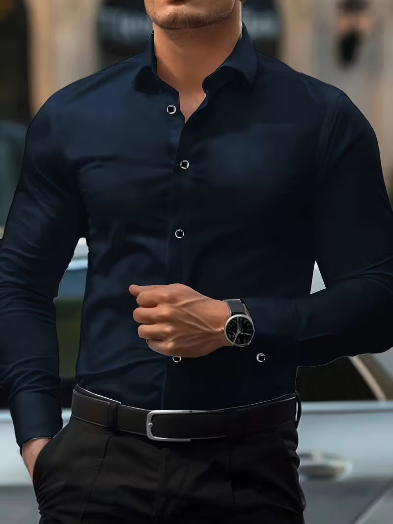 Men's slim fit stretch shirt with a point collar - navy