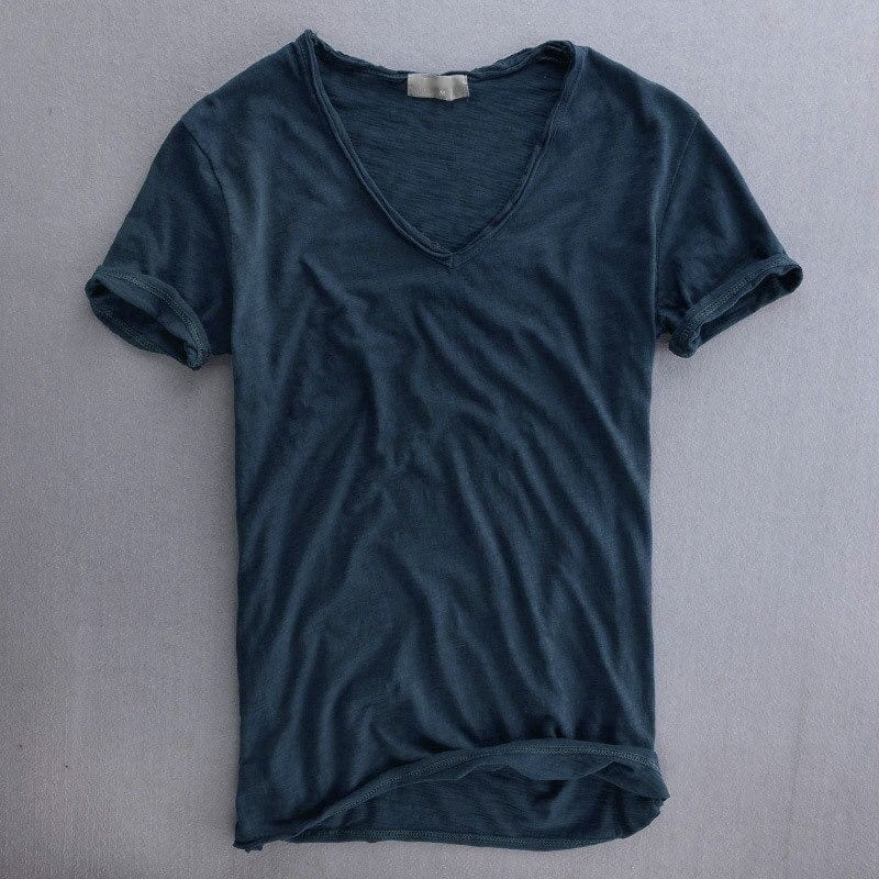 Men's slim fit T-shirt with a deep V-neck, rolled edge and turned-up short sleeves - petrol blue