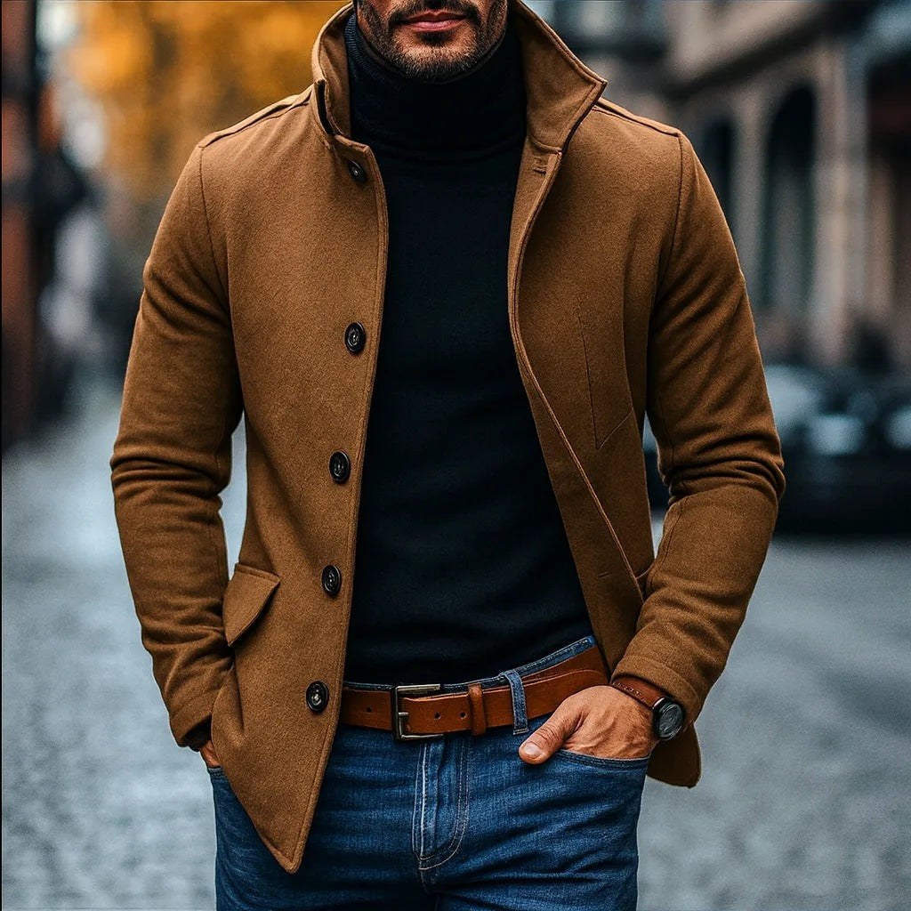 Men's slim fit wool-look coat with a stand collar - brown