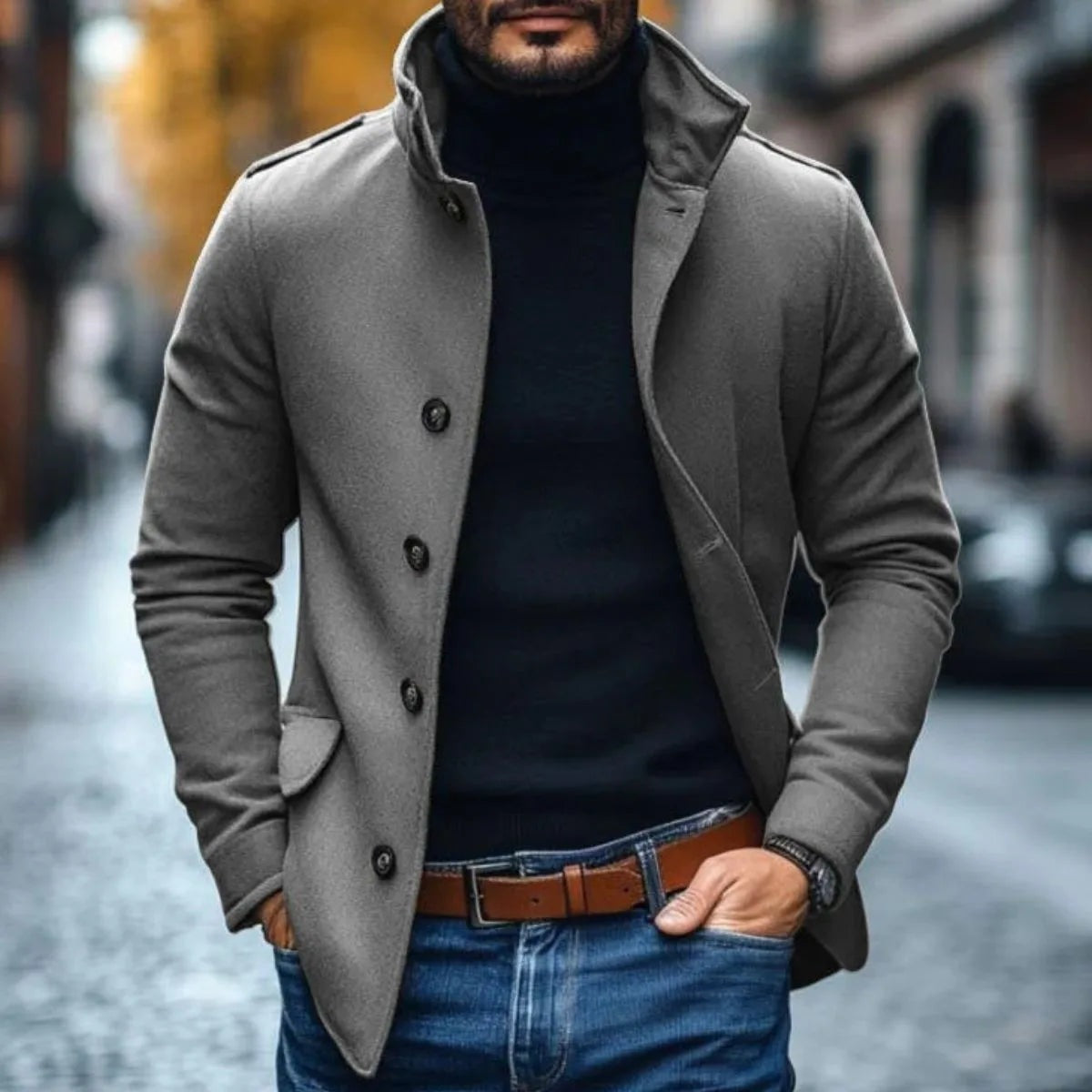 Men's slim fit wool-look coat with a stand collar - grey