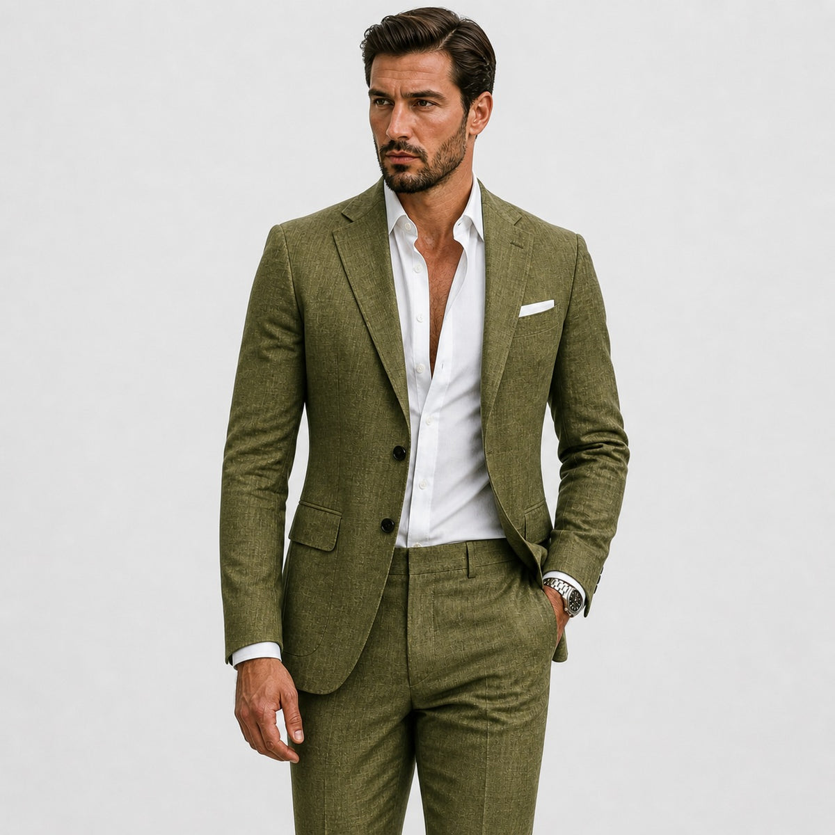 Men's slim fit linen-look suit with jacket and trousers - olive green