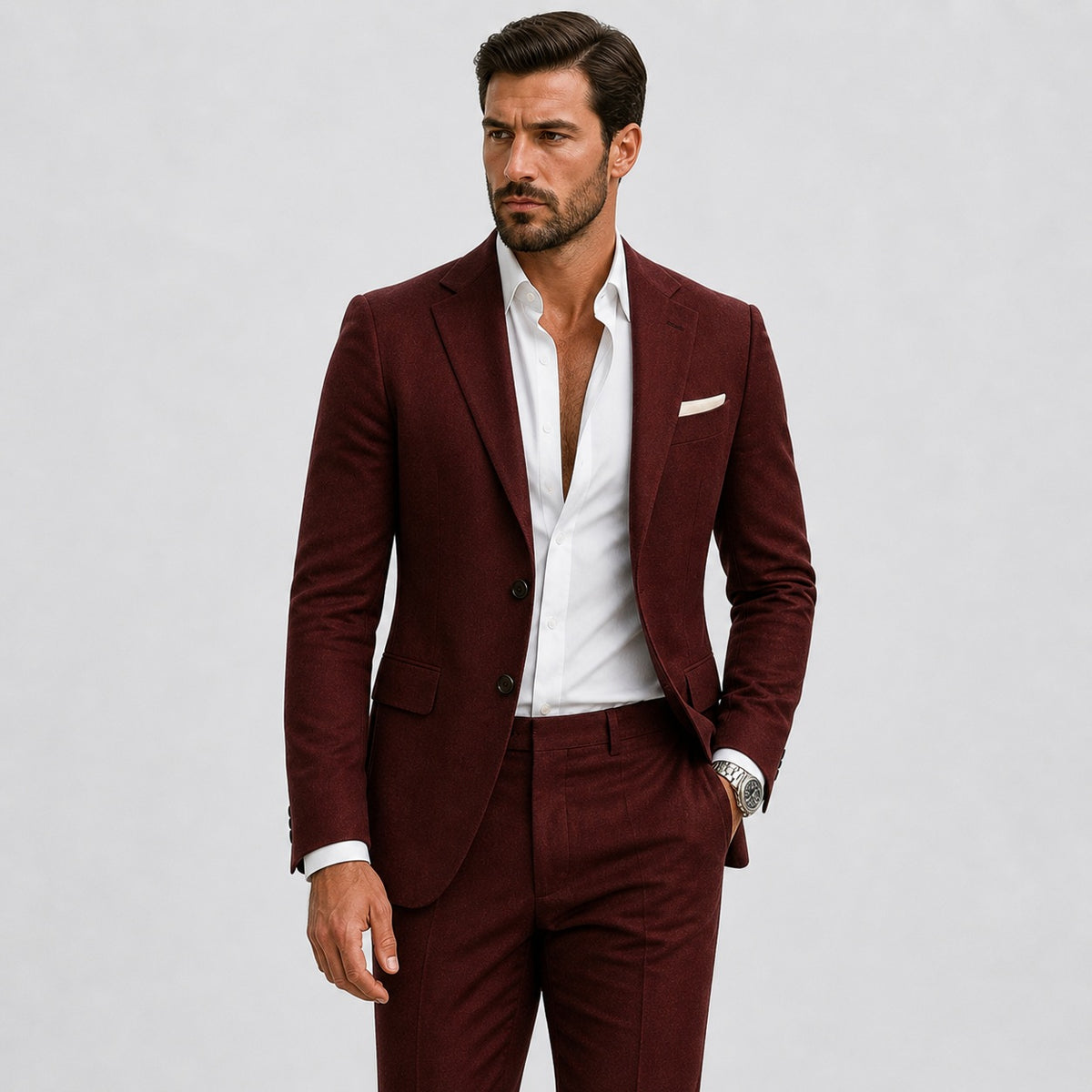 Men's slim fit linen-look suit with jacket and trousers - burgundy