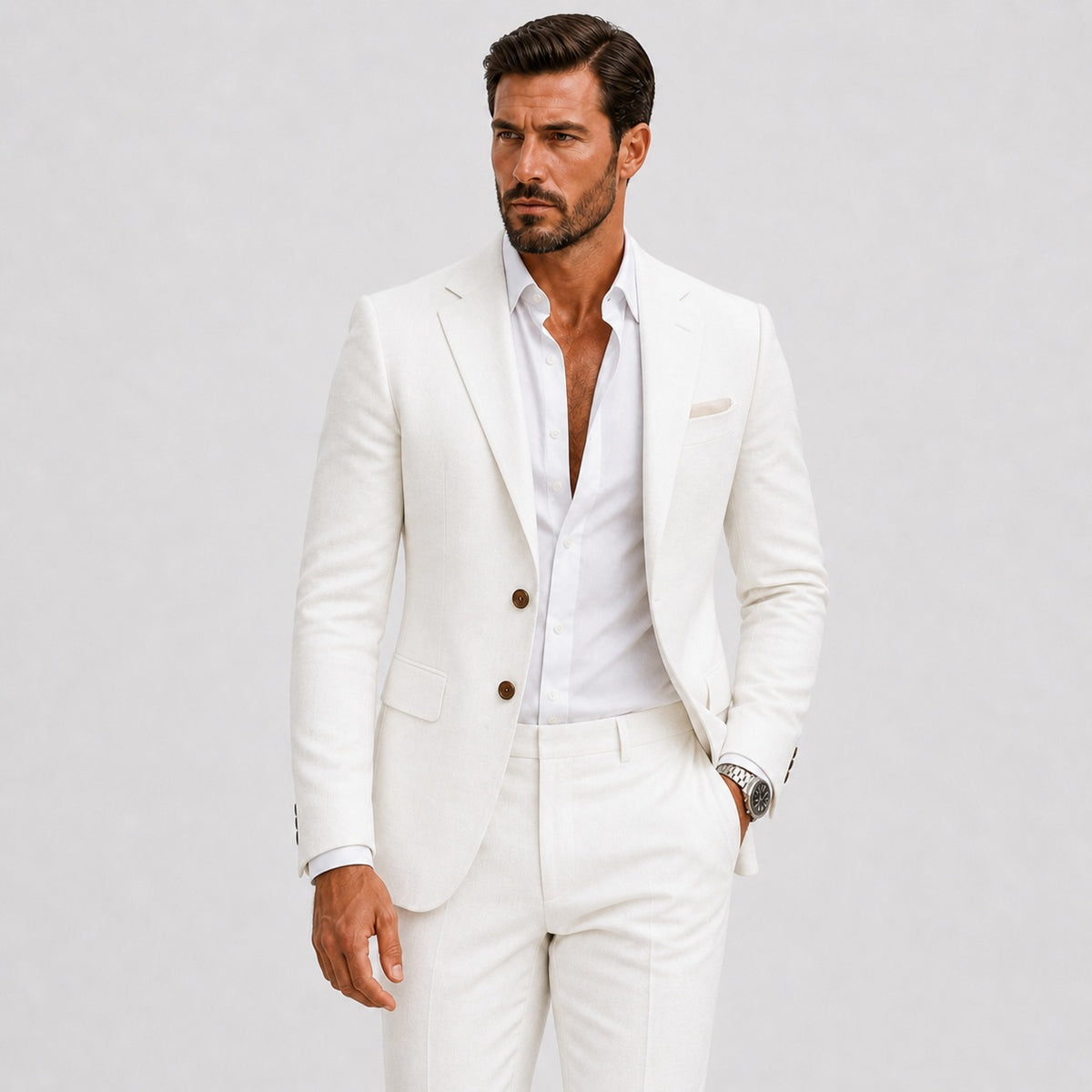 Men's slim fit linen-look suit with jacket and trousers - white