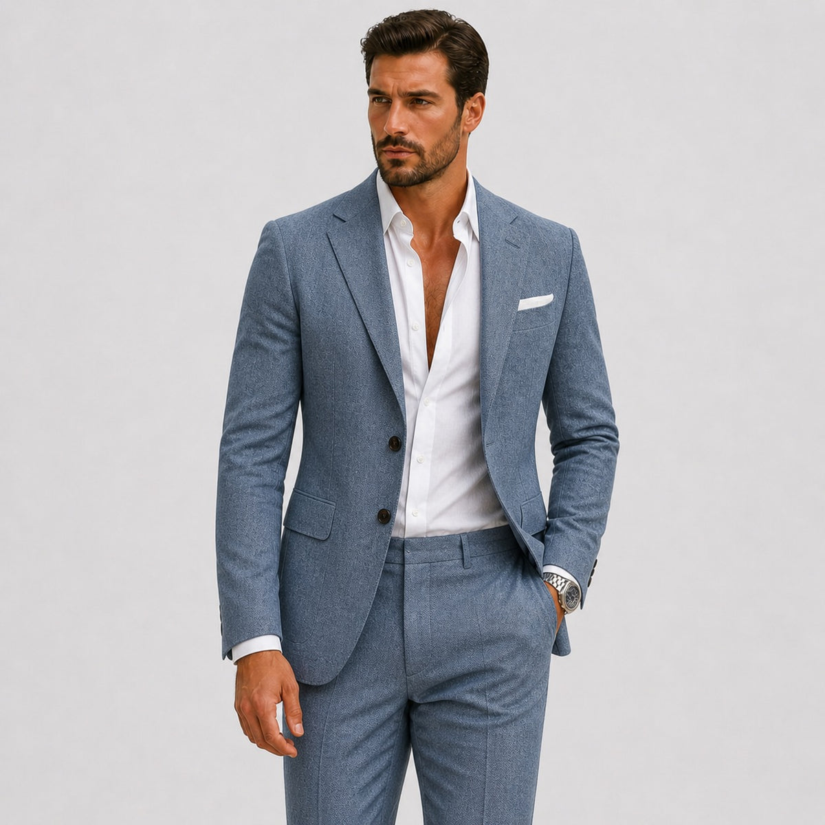 Men's slim fit linen-look suit with jacket and trousers - dusty blue