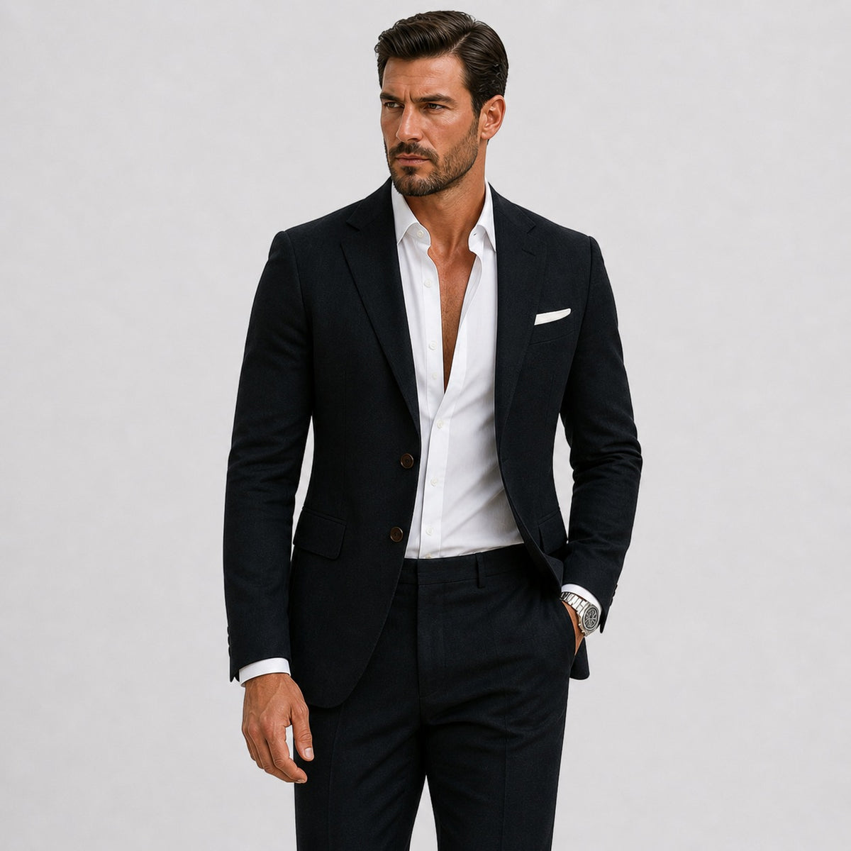 Men's slim fit linen-look suit with jacket and trousers - black