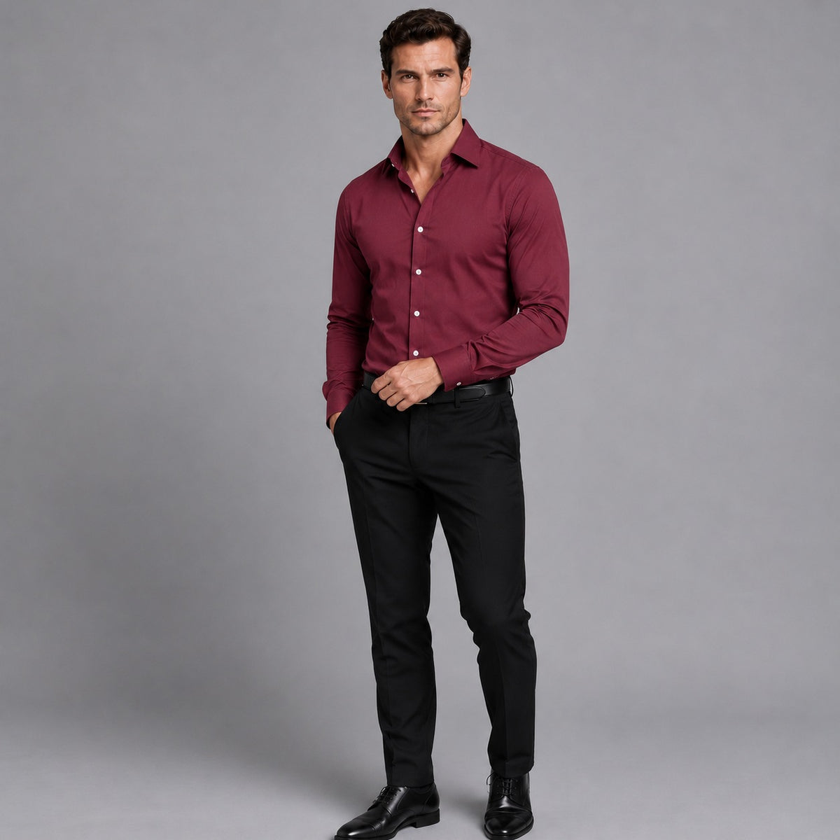 Men's slim fit stretch shirt with white buttons and a classic collar - burgundy