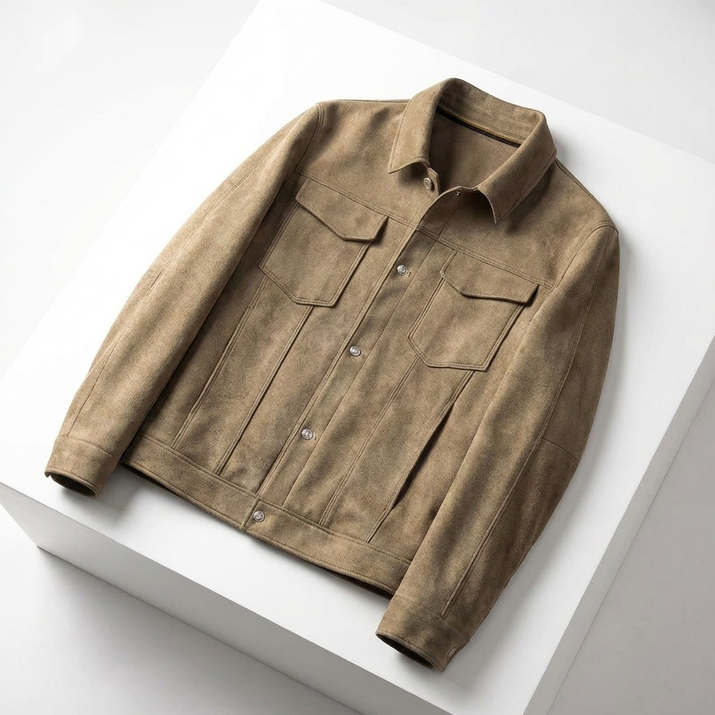 Men's slim fit suede-look trucker jacket with a point collar and chest pockets - brown