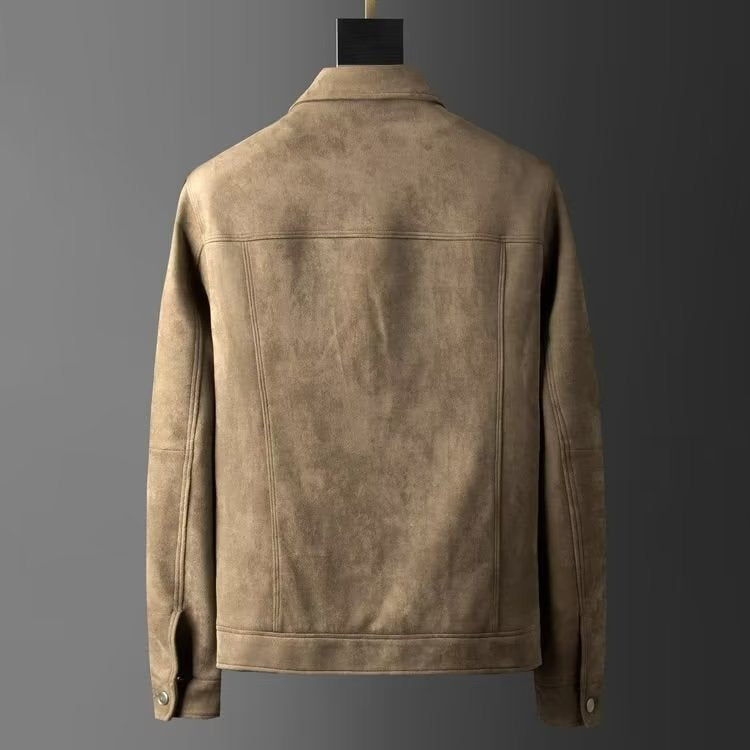 Men's slim fit suede-look trucker jacket with a point collar and chest pockets - view 4