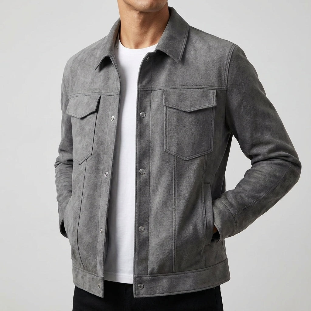 Men's slim fit suede-look trucker jacket with a point collar and chest pockets - view 8