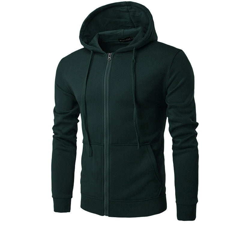 Men's slim fit zip-up hoodie with a fleece lining - dark green