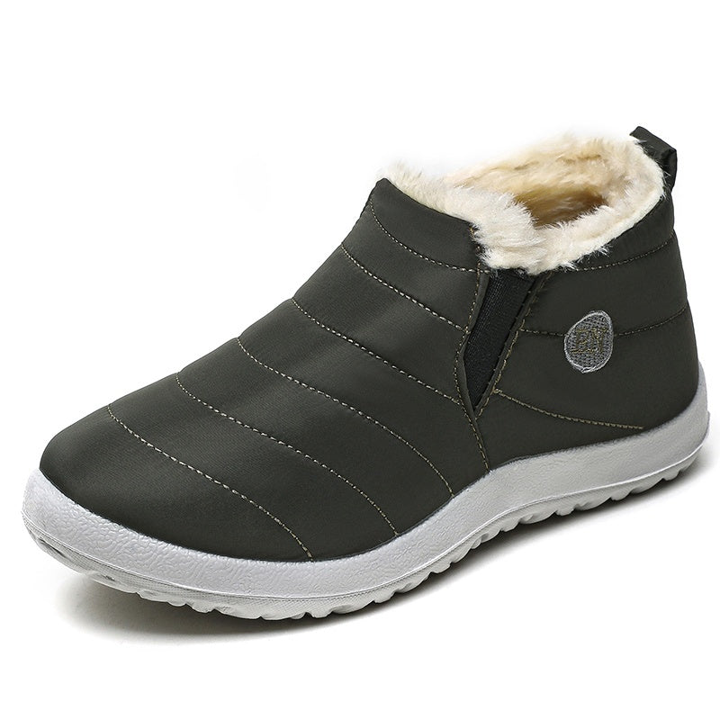 Men's slip-on winter boot with a plush collar, light grey tread sole and quilted upper - dark green