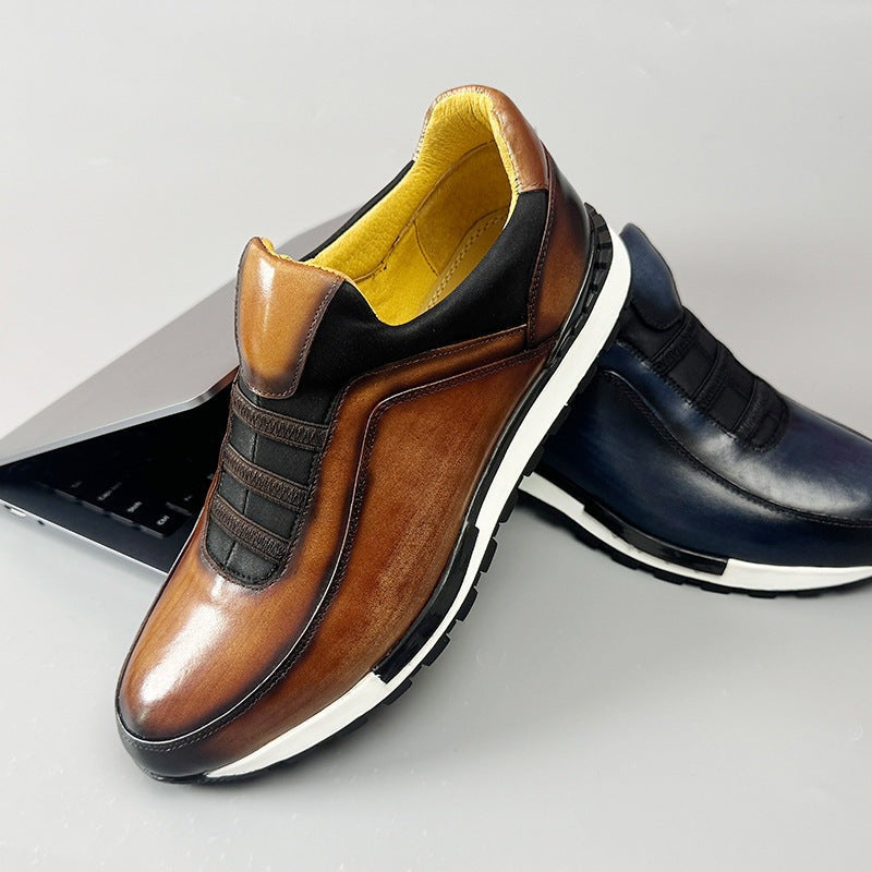 Men's slip-on faux leather trainers with a patina finish, elastic straps and a yellow lining - view 3