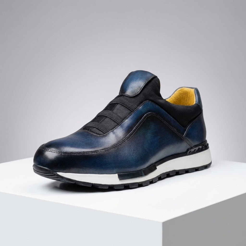 Men's slip-on faux leather trainers with a patina finish, elastic straps and a yellow lining - view 7