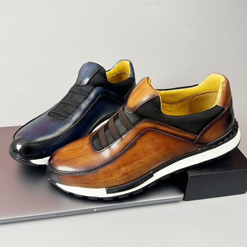 Men's slip-on faux leather trainers with a patina finish, elastic straps and a yellow lining - view 9