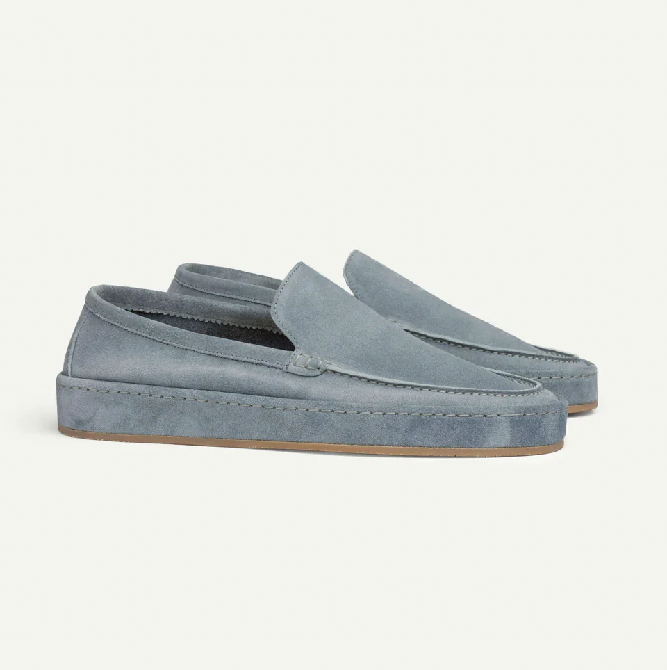 Men's slip-on loafers in a suede look with moc stitching and a wrapped sole edge - dusty blue