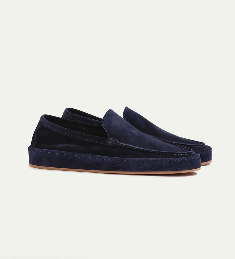 Men's slip-on loafers in a suede look with moc stitching and a wrapped sole edge - navy