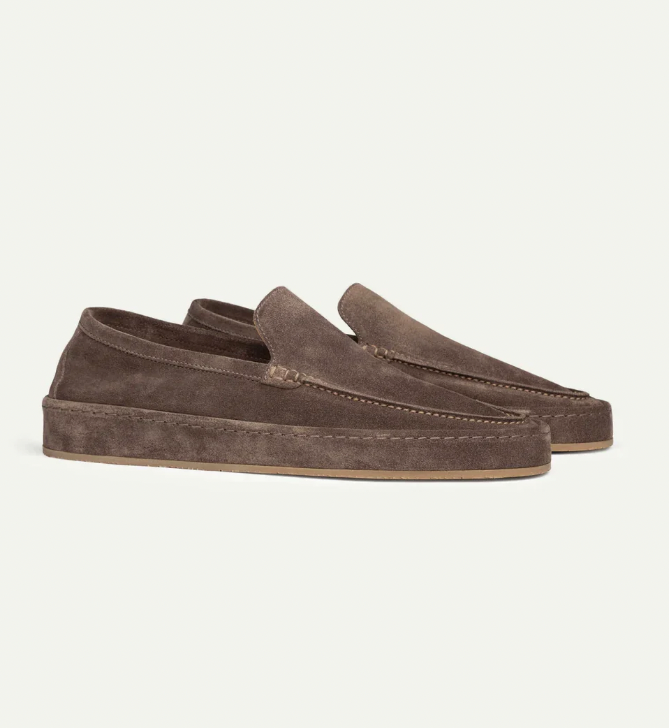 Men's slip-on loafers in a suede look with moc stitching and a wrapped sole edge - brown