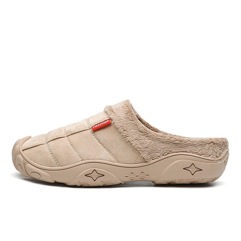 Men's slippers in a suede look with stitched check, small tab, plush lining and toe cap - beige