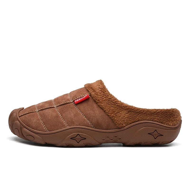 Men's slippers in a suede look with stitched check, small tab, plush lining and toe cap - brown